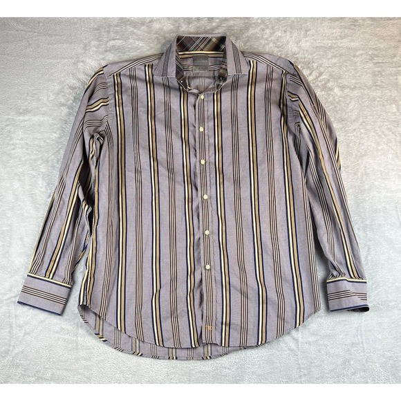 Thomas Dean Shirt Mens Large Button Up Long Sleeve Purple Brown Striped Preppy - Picture 1 of 7